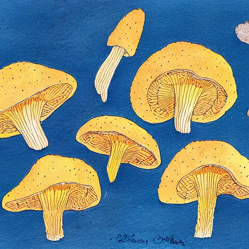 Prompt: cluster of chanterelle mushrooms, pen and ink drawing, drawn by hand, cozy, natural colors, textured paper