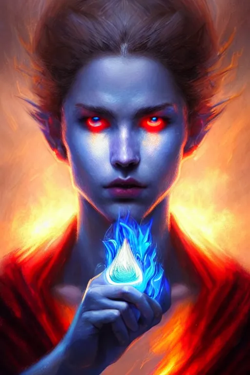 Image similar to Front portrait of mage hold a blue fire on right hand and red fire on the left hand, fine art, awesome fantasy book cover on Pinterest, award winning, dark fantasy landscape, fantasy magic, intricate, elegant, sharp focus, highly detailed, digital painting, concept art, art by WLOP and Artgerm and Greg Rutkowski, masterpiece, trending on artstation