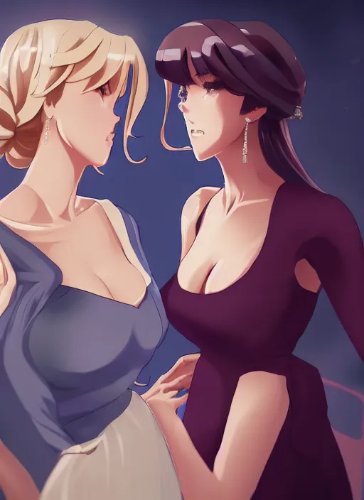 Image similar to two beautiful mothers standing face to face taunting each other, gorgeous dresses, gorgeous faces, smooth thick lines, cinematic lighting, detailed anime art