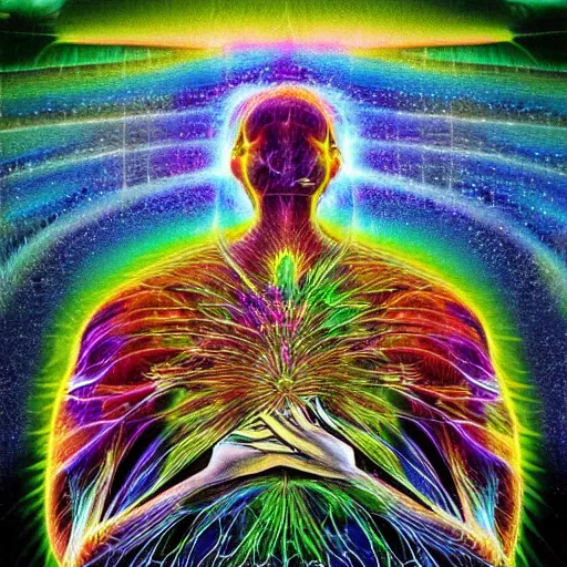 Image similar to This the unity and being one with nature. Nature and the land is one thing. Even if you live in different physical states of consciousness, there’s a unity to being in the physicality. It’s as if a matrix of energy runs through all things.