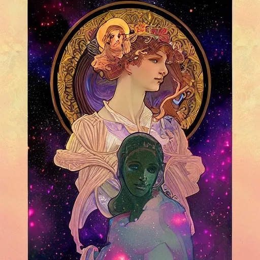 Prompt: the beginning of the universe, nebula, galaxy, space, intricate, high details, very realistic, in the style of Alphonse Mucha and Greg Rutkwoski, digital painting, Artstation