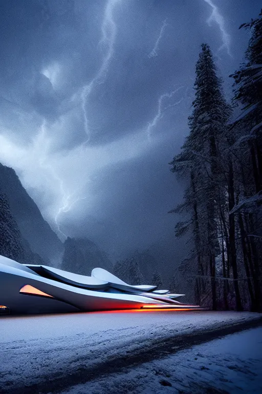 Prompt: a futuristic scene in front of a zaha hadid building in the forrest of the french alps mountains in the style of chris moore, stormy weather with lightning, neon lightning, cinematic matte painting, extreme detail 8 k photo quality, dark moody colors, snowfall, featured on behance