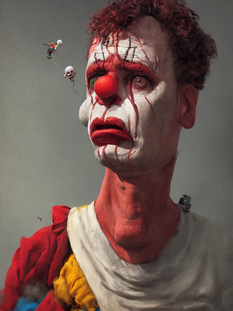 Image similar to a portrait of a sad and helpless clown in a painting from stalenhag, 4 k, 8 k, hdr, artstation, concept art