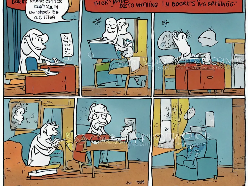 Prompt: cartoon illustration of a ghost writing a book, one panel comic, by Jim Davis