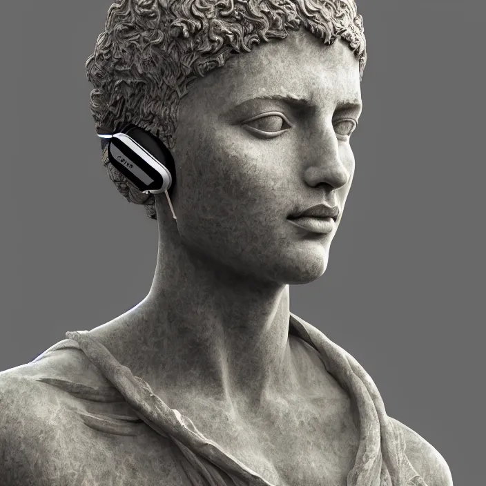 Image similar to stoic statue wearing headphone, vaporwave, aesthetic, naturel, symmetrical face, hyper detailed, digital sculpture, trending in artstation, cinematic lighting, studio quality, smooth render, unreal engine 5 rendered, octane rendered, art style by klimt and nixeu and ian sprigger and wlop and krenz cushart