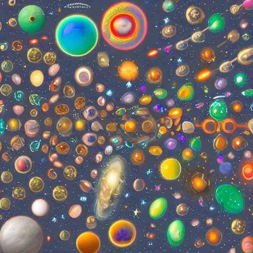 Image similar to collection on wall of cosmic elements, astronauts from the multiverse standing beside multiple portals to the multiverse