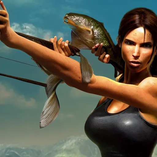 Image similar to lara croft poses with her big fish catch