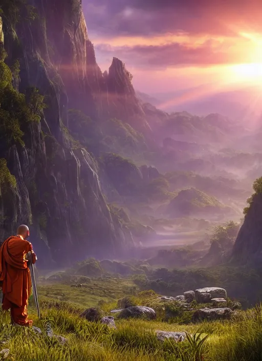 Image similar to a cosmic monk in lord of the rings scenery landscape, looking out at a vast lush valley at sunrise, huge temple in the distance, god's rays, highly detailed, vivid color, cinematic lighting, perfect composition, 8 k, gustave dore, derek zabrocki, greg rutkowski, belsinski, octane render