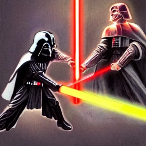 Image similar to biblical picture of darth Vader striking Jesus down with a light-saber
