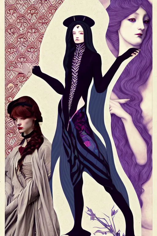 Image similar to a triad of winter muses, style blending æon flux, shepard fairey, botticelli, ivan bilibin, and john singer sargent, inspired by pre - raphaelites, shoujo manga, and harajuku fashion, stark landscape, muted dark colors, superfine inklines, ethereal, otherworldly, 4 k photorealistic, arnold render