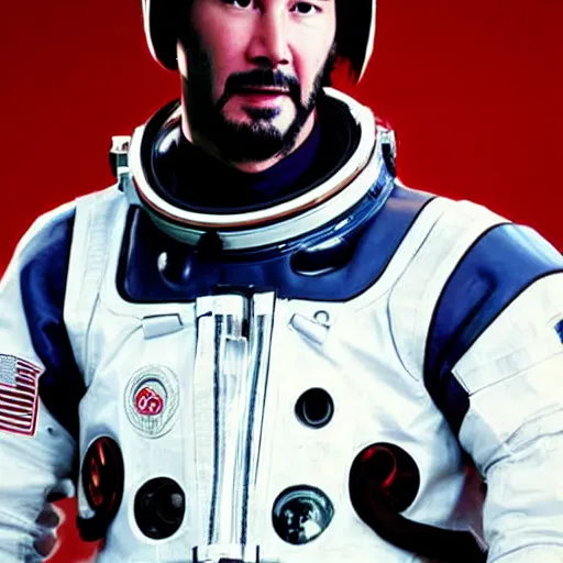 Prompt: Keanu reeves in a spacesuit with helmet on, headshot, photo still