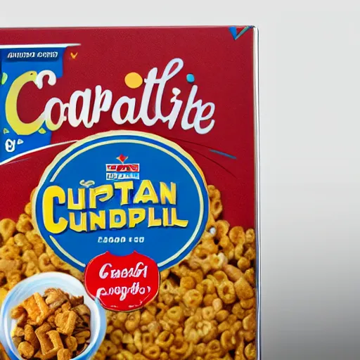 Image similar to cereal box for captain cricket breakfast cereal, product photography, 8 k