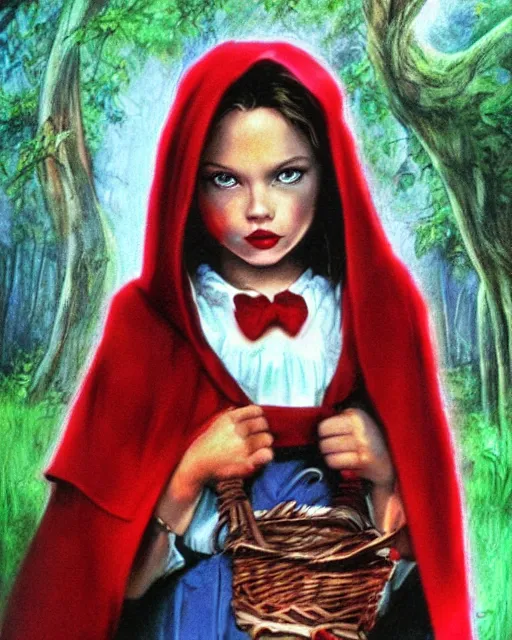 Image similar to little red riding hood, airbrush, drew struzan illustration art, key art, movie poster