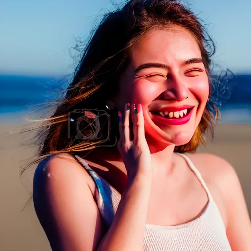 Prompt: beautiful hyperrealism hyperdetailed candid photograph of a cute young woman smiling widely and in happy disbelief because of a marriage proposal, flushed face, red blush, puffy lips, soft features, 8 k, sharp focus, golden hour, beach setting