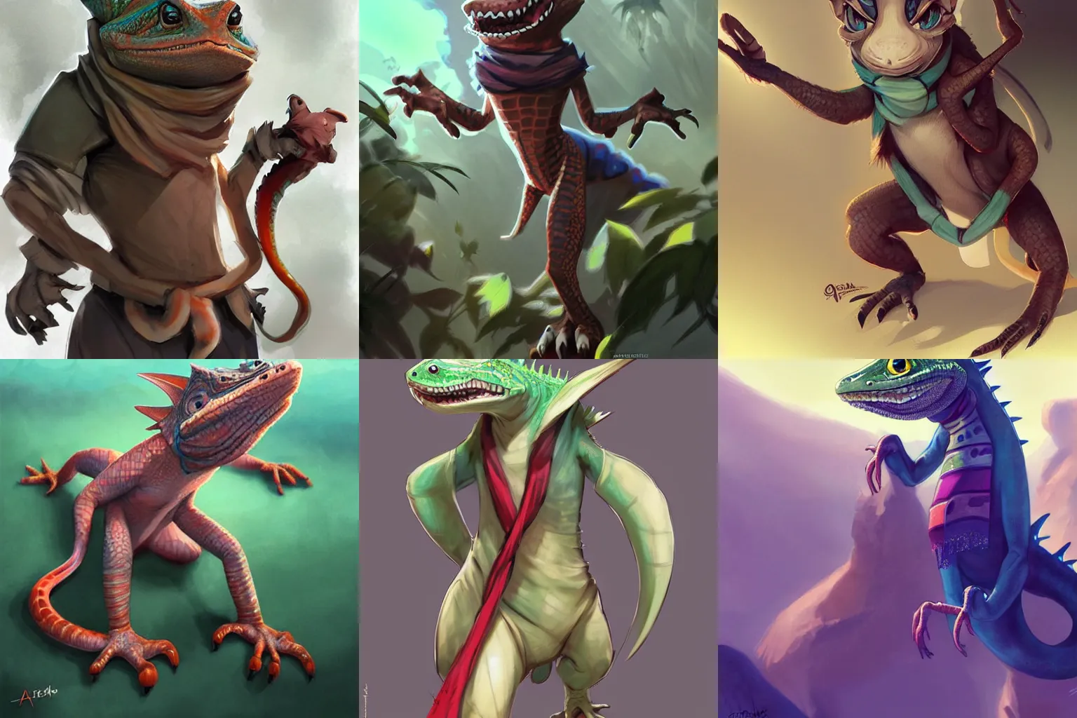 Prompt: anthro cartoon lizard wearing a scarf standing on two legs , character design, concept art, cute and friendly eyes, anime style. Art by artgerm and Greg rutkowski.