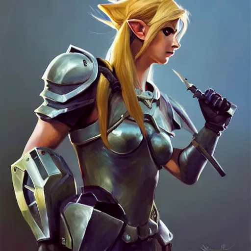 Image similar to greg manchess portrait painting of armored female link from legend of zelda as overwatch character, medium shot, asymmetrical, profile picture, organic painting, sunny day, matte painting, bold shapes, hard edges, street art, trending on artstation, by huang guangjian and gil elvgren and sachin teng