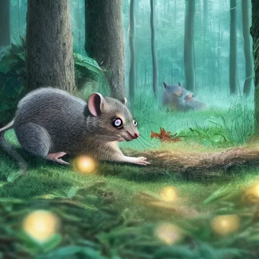 Prompt: maus in forest, by rivuletpaper, rivuletpaper art, fairy tale illustrations, top cinematic lighting , cinematic mood, very detailed, 8k, high resolution