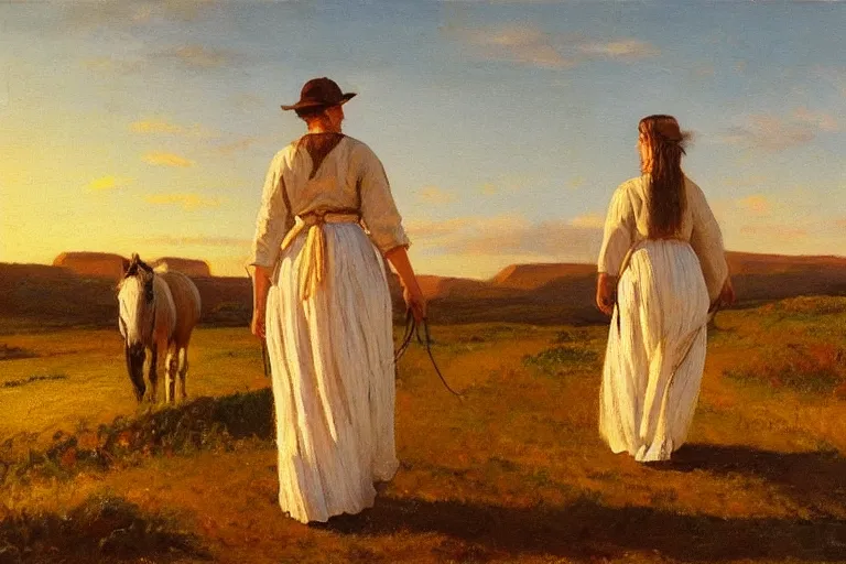 Prompt: Woman in a long white traditional dress walking with a horse along a scenic western trail, sunset, beautifully lit, albert aublet, oil on canvas