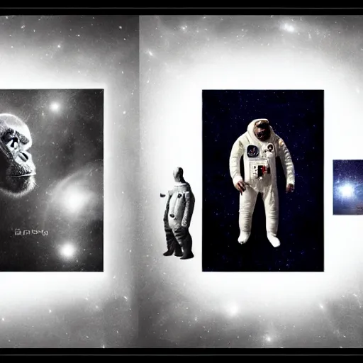 Prompt: double exposure portrait split in the middle, showcasing one astronaut and one chimpanzee in a suit posing with space in the background, pencil art, stars, sharpness, golden ratio