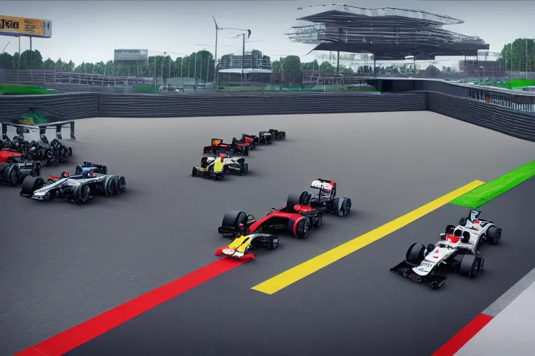 Image similar to Formula 1 race in Rotterdam, digital art, octane render, nvidia raytracing demo, masterpiece