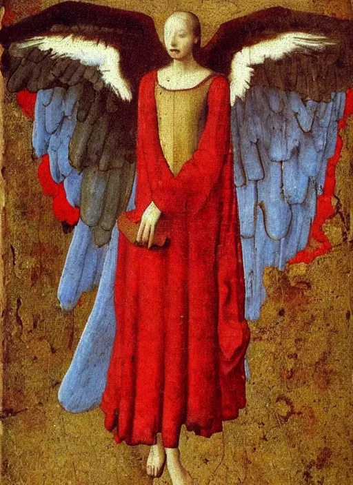 Image similar to Flying Fallen Angel with wings dressed in red, Medieval painting by Jan van Eyck, Johannes Vermeer, Florence