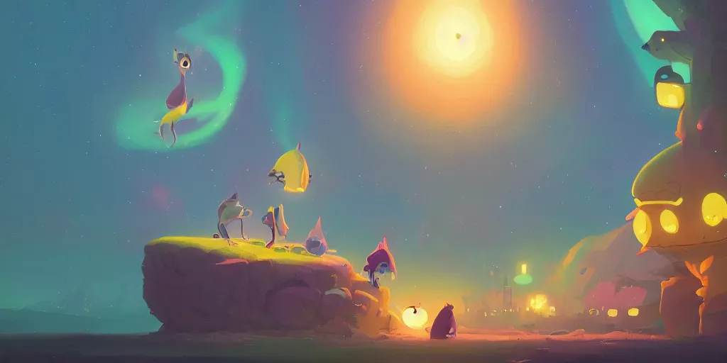 Image similar to cute cartoon monsters and Aurora borealis by Goro Fujita and Simon Stalenhag , 8k, trending on artstation, hyper detailed, cinematic