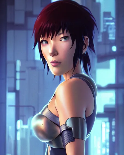 Image similar to weta disney pixar movie still portrait photo of motoko kusanagi ghost in the shell : : as cyborg woman by pixar : : by weta, wlop, ilya kuvshinov, rossdraws, artgerm, marvel, maxim cover, latex, octane render, sweaty, iridescent, bright morning, anime, liosh, mucha : :