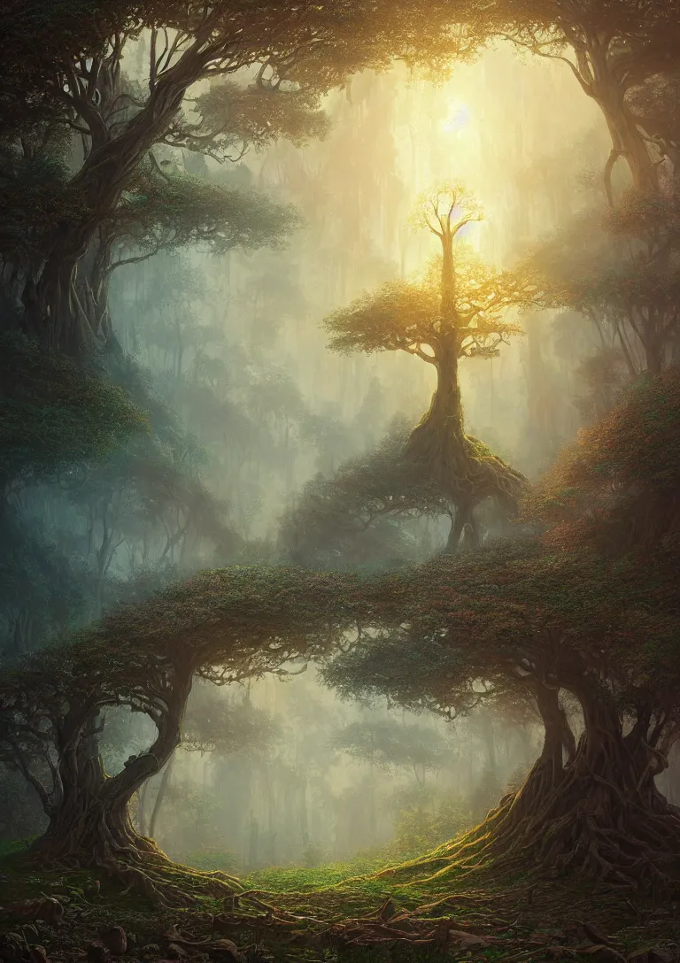 Image similar to beautiful hyper realistic detailed matte painting of fantasy tree of life, hd, hdr, by Moebius and John Howe and Albert Bierstadt and Alena Aenami, ultra detailed, high resolution