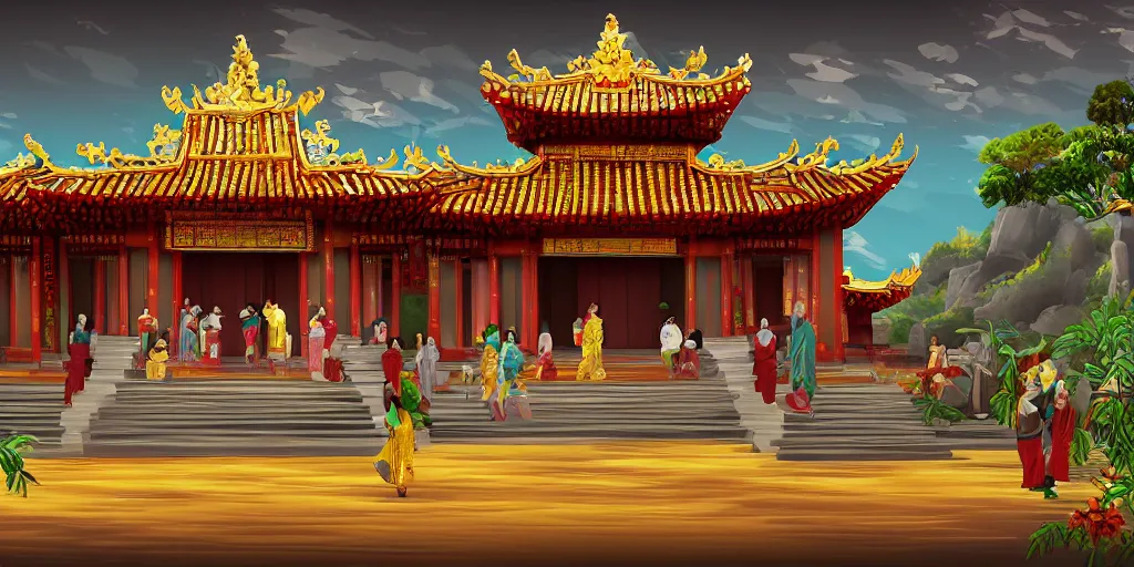 Image similar to vietnamese temple scene, 2 d game art background, level design, muted colors, in style of lam manh