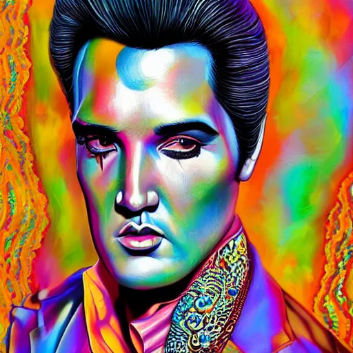 Prompt: an extremely psychedelic portrait of elvis, surreal, lsd, face, detailed, intricate, elegant, lithe, highly detailed, digital painting, artstation, concept art, smooth, sharp focus, illustration