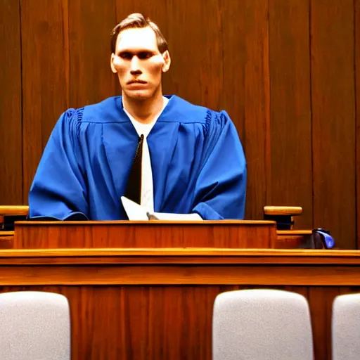 Prompt: jerma 9 8 5, still image of jerma 9 8 5 on trial, courtroom photo, courtroom interior background,