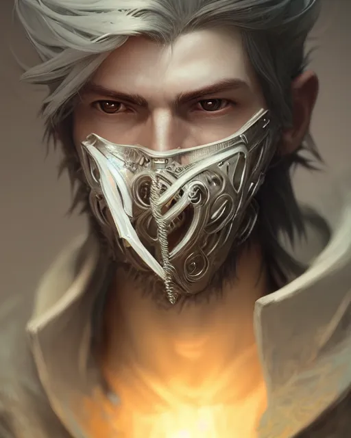 Prompt: male portrait, handsome, detailed white long hair, intricate assasin armor, hidden face mask, complex 3 d render by ilya kuvshinov, peter mohrbacher, greg rutkowski, ross tran, ryohei hase, dramatic lighting, intricate, highly detailed, final fantasy, sharp focus, luminous, unreal engine 5 highly rendered, blender, masterpiece, ray tracing