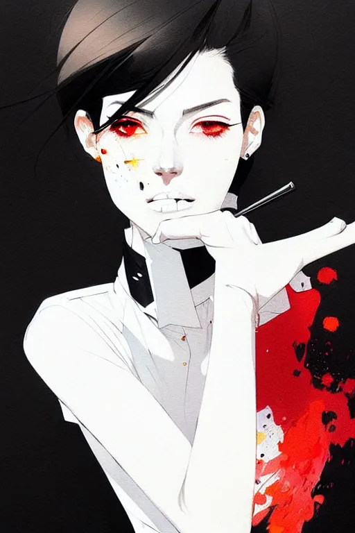 Image similar to a ultradetailed beautiful panting of a stylish woman, she is wearing a white shirt with a tie and black pants, by conrad roset, greg rutkowski and makoto shinkai trending on artstation