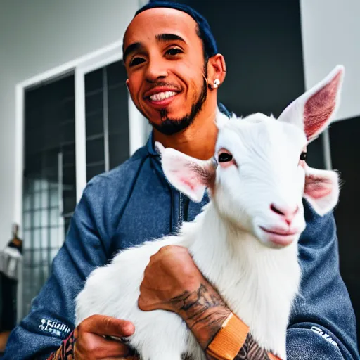 Image similar to lewis hamilton holding a baby goat, ( sony a 7 r iv, symmetric balance, polarizing filter, photolab, lightroom, 4 k, dolby vision, photography awardm, voque, perfect face )