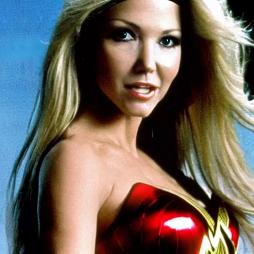 Prompt: Heather Locklear in the role of wonderwoman from a promotional photot shoot