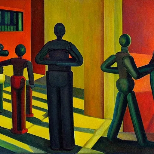 Prompt: robots herding humans, human subjugation, mind control, dystopian, pj crook, edward hopper, oil on canvas