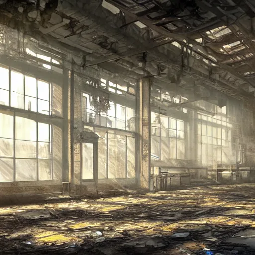 Image similar to abandoned industrial factory interior, sunlight filtering through the broken windows, digital art, trending on artstation