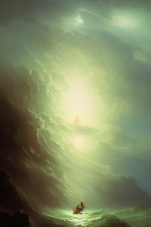 Image similar to A stunning detailed water deity by Ivan Aivazovsky, Peter Mohrbacher , Greg Rutkowski, stormy ocean, beautiful lighting, full moon, detailed swirling water tornado, artstation