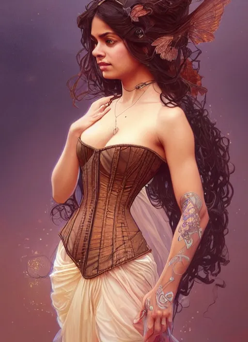 Image similar to cute brown woman wearing a transparent corset dress, fantasy, intricate, highly detailed, digital painting, artstation, concept art, wallpaper, smooth, sharp focus, illustration, art by artgerm and greg rutkowski and alphonse mucha