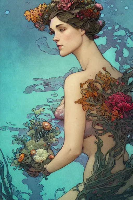 Image similar to profile portrait of a beautiful mysterious woman underwater, hidden hands holding a bouquet of flowers, corals and fish, by eve ventrue, michael carson, andreas rochas, john watkiss, casey weldon, artgerm. art nouveau. tarot card by mucha. gloomhaven. swirly intricate linework background. gaudy colors, sharp edges. octane render