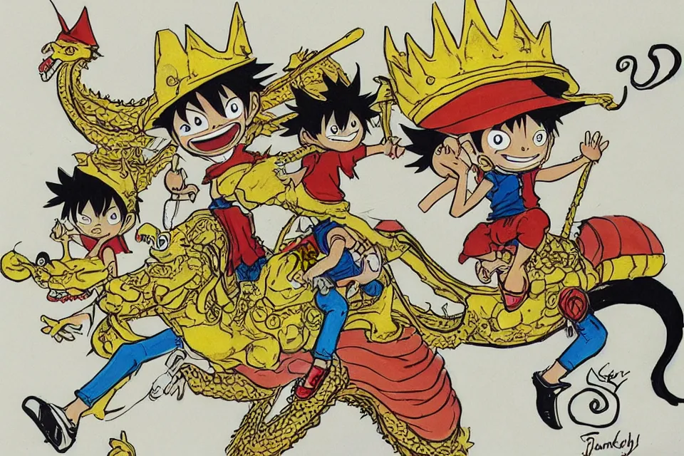 Prompt: concept sketches of a young luffy riding wearing a gold crown riding a large dragon by jamie hewlett, in the style of megaman