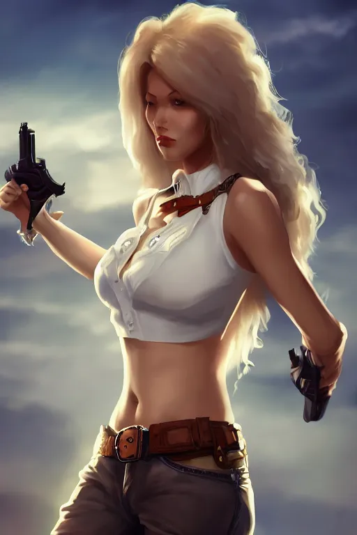 Image similar to full body, female cowgirl, perfect face, white blouse, empty gun holster, 8 k, magic the gathering, desert, d & d, artstation, high detail, smooth, muscular