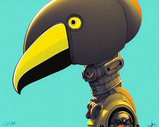 Image similar to a study of cell shaded cartoon of a mechanized toucan with a tank treads, and a human head, illustration, wide shot, subtle colors, post grunge, concept art by josan gonzales and wlop, by james jean, Victo ngai, David Rubín, Mike Mignola, Laurie Greasley, highly detailed, sharp focus, alien, Trending on Artstation, HQ, deviantart, art by artgem