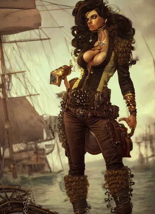 Image similar to steampunk pirate portrait of shehulk, hyper detailed, digital art, cinematic lighting, studio quality, smooth render, unreal engine 5, octane rendered, art style by klimt and nixeu and ian sprigger and wlop and krenz cushart.