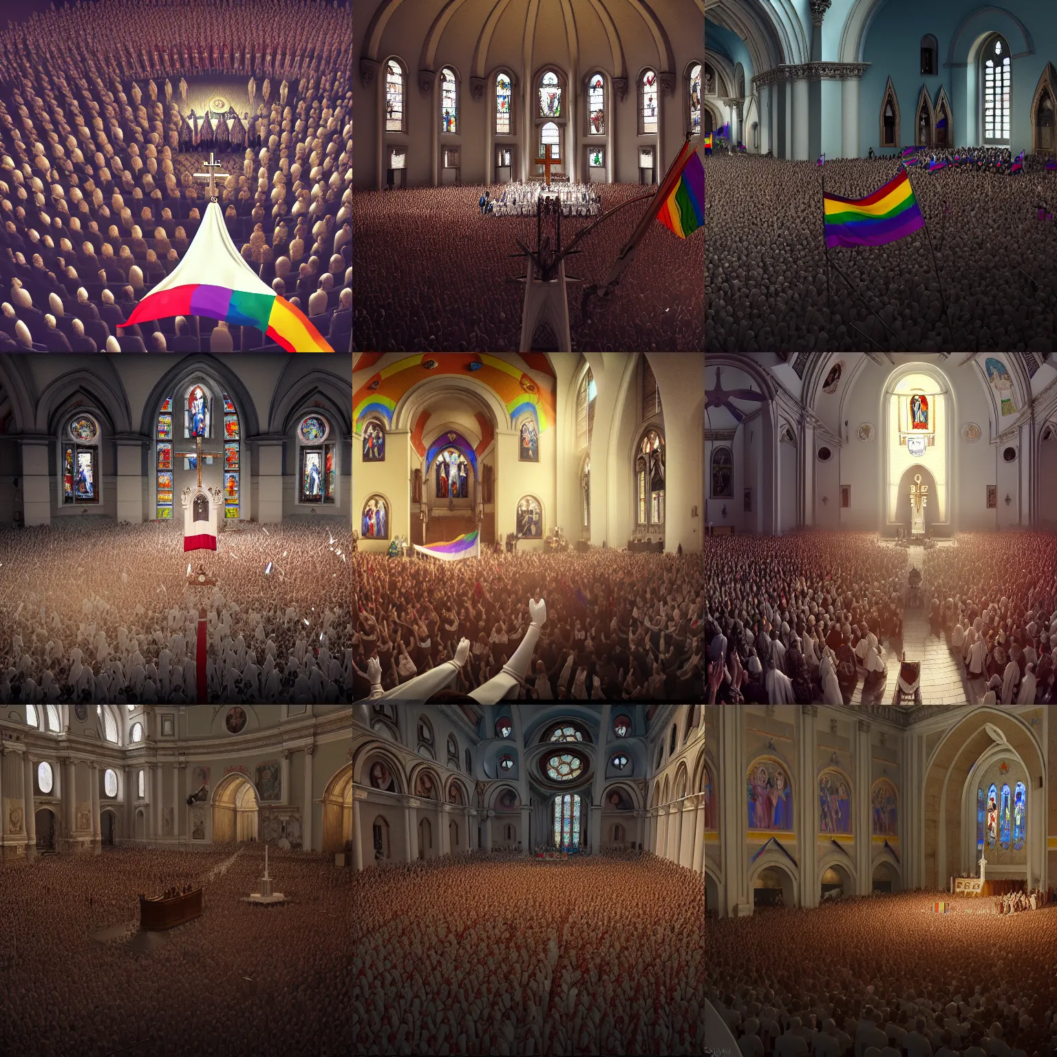 Prompt: LGBTQ group taking over the church, Pope surrenders and waves a white flag, photography, highly detailed, HD, sharp focus, smooth, octane render, 4k, artstation, dynamic lighting