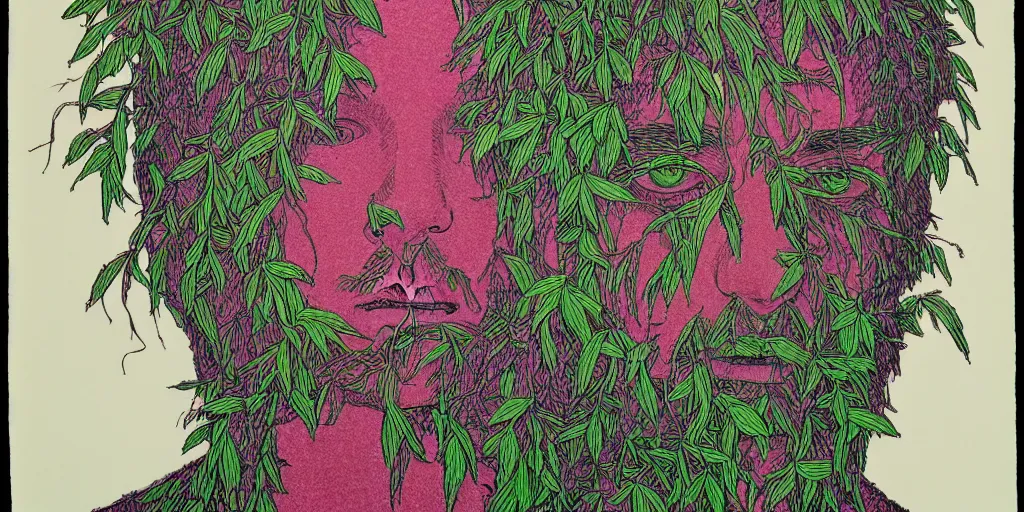 Image similar to risograph grainy drawing protagonist face, pastel colors, with huge piersing, face covered with plants and flowers, by moebius and satisho kon and dirk dzimirsky close - up portrait, hyperrealistic