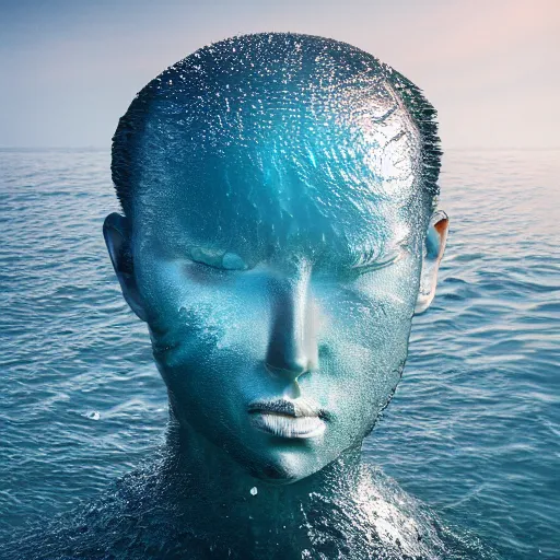 Image similar to water artwork manipulation in the shape of a human head on the ocean, behance, ray tracing, sharp focus, realistic water, long shot
