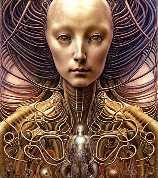 Image similar to detailed realistic beautiful young cher alien robot as queen of mandelbulb portrait by jean delville, gustave dore and marco mazzoni, art nouveau, symbolist, visionary, baroque. horizontal symmetry by zdzisław beksinski, iris van herpen, raymond swanland and alphonse mucha. highly detailed, hyper - real, beautiful