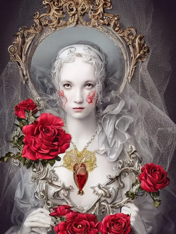 Image similar to a beautiful render of a recatholic rococo roses veiled red queen with baroque symmetry intricate detailed ,heart,pray,love,crystal-embellished,by Daveed Benito,LEdmund Leighton,Virginie Ropars,aaron horkey,Billelis,trending on pinterest,maximalist,glittering,golden ratio,cinematic lighting