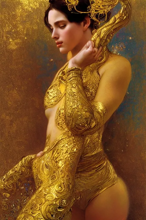 Image similar to an intricate artistic pose painting of a beautiful young muse with an artistic sensual pose with klimt golden motives and textures, hyper detailed, ornamental gold headpiece, octane render, vivid colors, artstation, by jeremy mann, by alphonse mucha, by boris vallejo